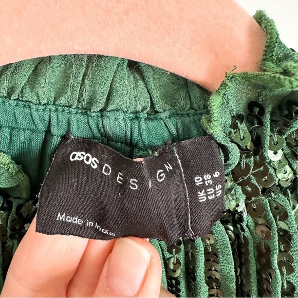 ASOS DESIGN high neck embellished midi dress in plisse sequin forest green sz 6 - Picture 9 of 10